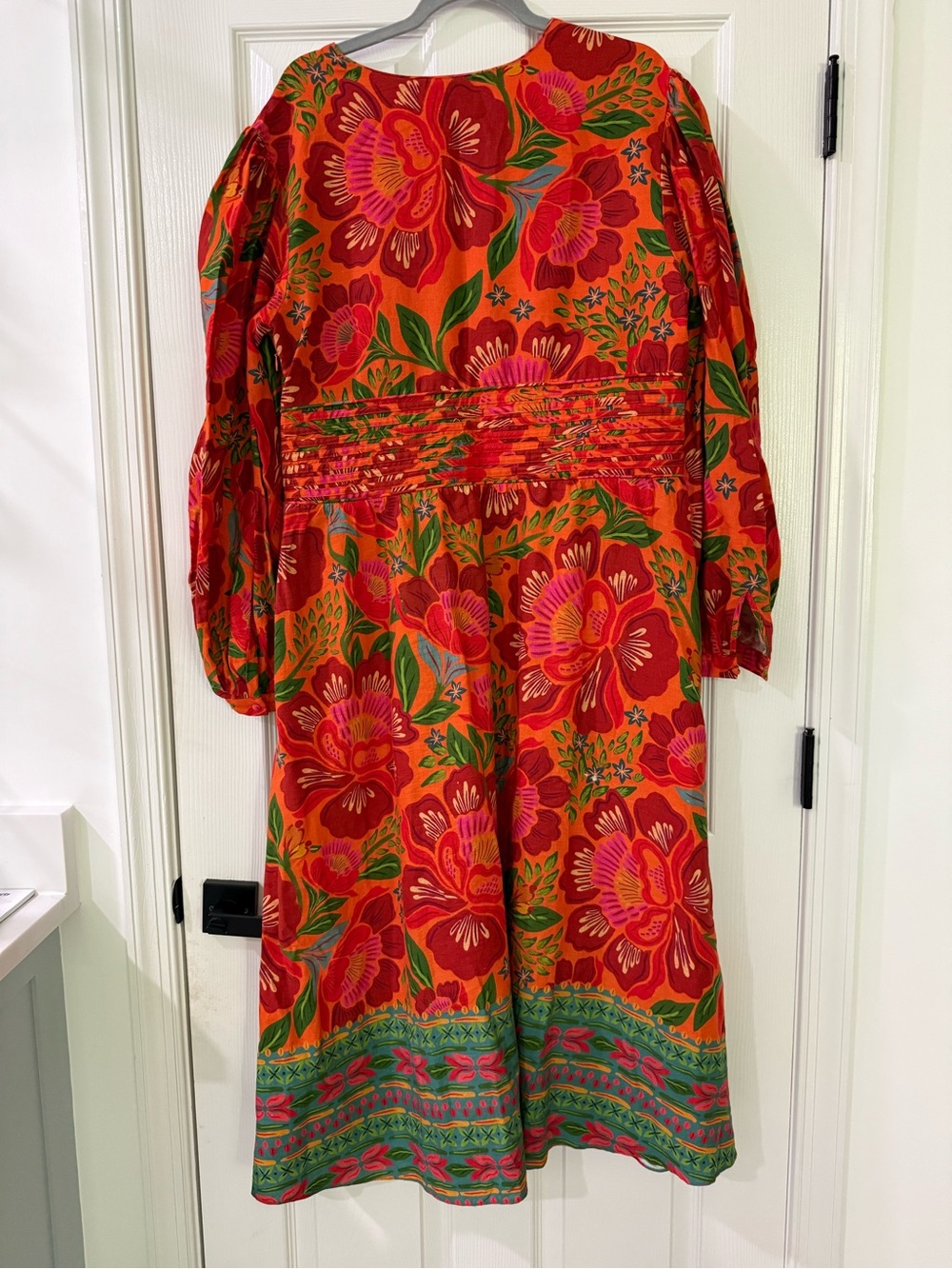 Farm Rio x Anthropologie Orange Floral V-Neck Midi Dress with Puff Sleeves - Picture 4 of 5